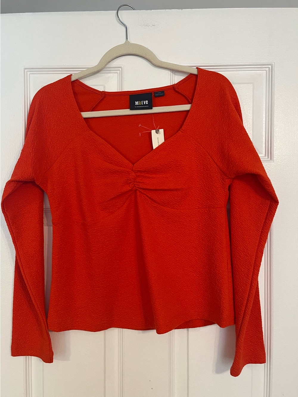 Maeve Orange-Red V-Neck Gathered Front Long Sleeve Top